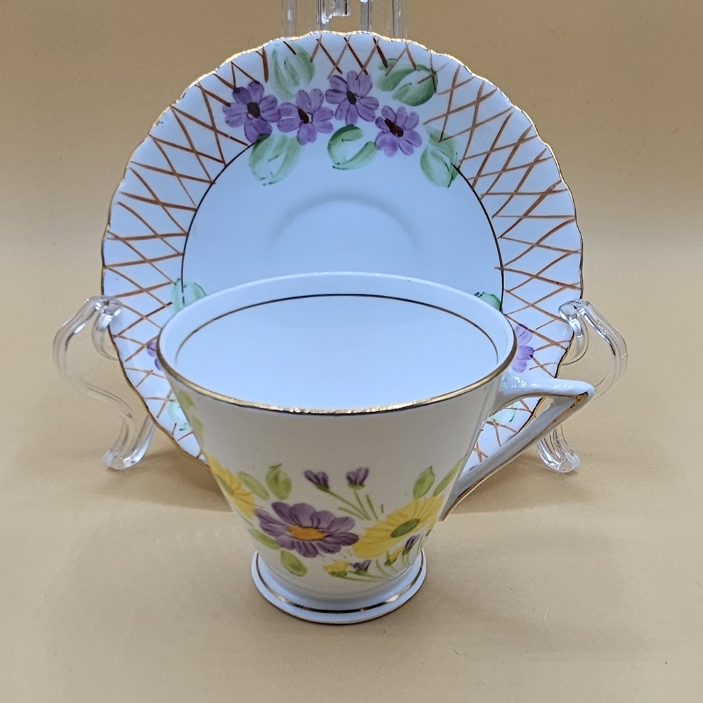 Phoenix China Purple Yellow Floral Tea Cup & Saucer, England